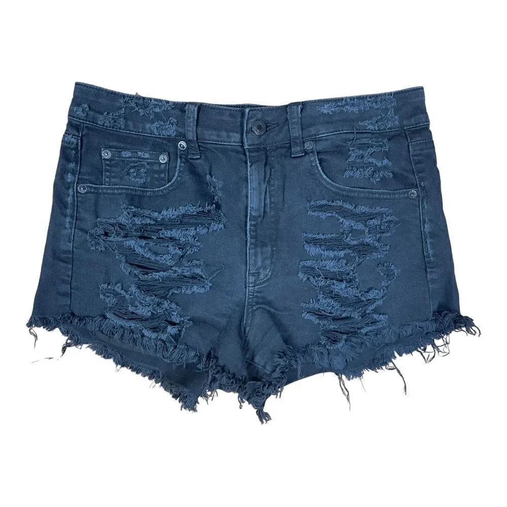American Eagle Vintage Hi-Rise Festival Black Denim Jean Shorts Sz 8 Distressed